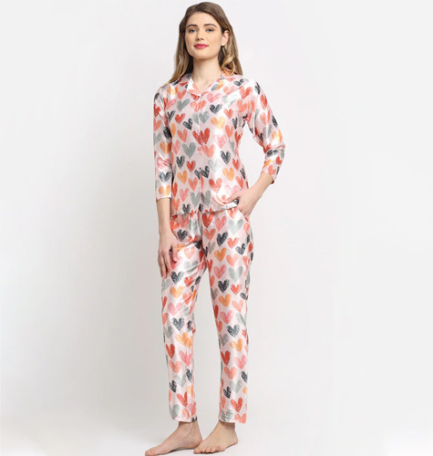 Women Cream & Red Printed Silk Satin Night Suit
